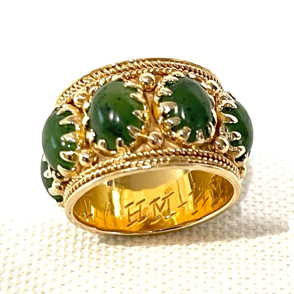 Antique Jade 14K Gold Milgrain Textured Wide Band Eternity Ring 11.08 Grams - Picture 7 of 16